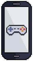 Pixel art cell phone with console joystick icon vector icon for 8bit game on white background