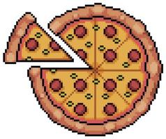 Pixel art pepperoni pizza with separate slice vector icon for 8bit game on white background