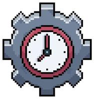 Pixel art gear with clock vector icon for 8bit game on white background