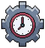 Pixel art gear with clock vector icon for 8bit game on white background