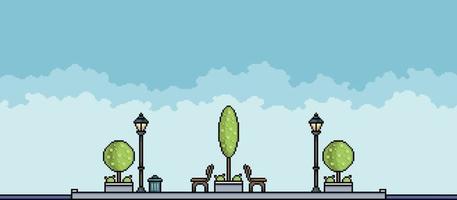Pixel park with tree, flowerbeds, benches, pots and trash can Urban landscape. Cityscape background for 8bit game vector