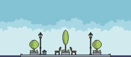 parque de píxeles con árboles, macizos de flores, bancos, macetas y papelera paisaje urbano. fondo de paisaje urbano para juego de 8 bits vector