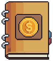 Pixel art investment book. Book with coin vector icon for 8bit game on white background