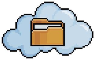 Pixel art clouds with document folder. Cloud data vector icon for 8bit game on white background