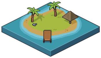 Pixel Art tropical island, coconut tree, kiosk, landscape isometric backdrop for 8bit game vector