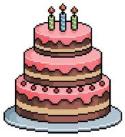 Pixel art birthday cake vector icon for 8bit game on white background