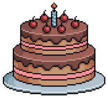 Pixel art birthday cake vector icon for 8bit game on white background