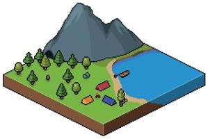 Pixel art isometric campground in forest with Mountain and lake 8bit vector