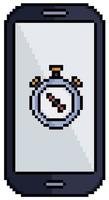 Pixel art cell phone with stopwatch icon vector icon for 8bit game on white background