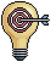 bombilla de arte de píxeles con flecha en el objetivo. icono de vector de símbolo de concepto de idea y creatividad para juego de 8 bits en blanco