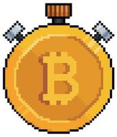 Pixel art bitcoin stopwatch. Cryptocurrency investment time vector icon for 8bit game on white background