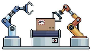 Pixel art industrial robots and conveyor belt. Factory production line vector icon for 8bit game on white background