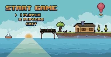 Pixel art adventure game menu with sea, island, house, tree, deck 8 bit vector background