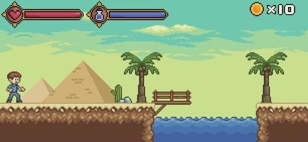 escena de juego del desierto de pixel art con personaje, barra de vida y fondo de vector de maná para juego de 8 bits