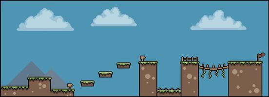 Pixel art 8bit 2D game scene, with clouds, grass, bridge, fence, board, flag background vector