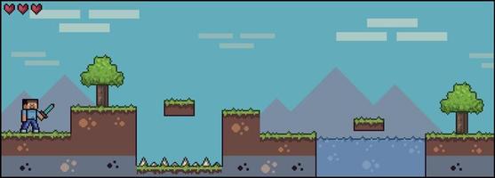 Pixel art game scene with ground, grass, trees, sky, clouds, male character, 2d 8bit landscape background vector