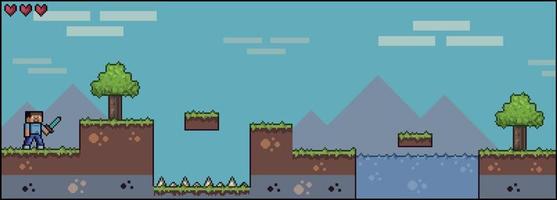 escena de juego de pixel art con tierra, hierba, árboles, cielo, nubes, personaje masculino, fondo de paisaje 2d 8bit vector