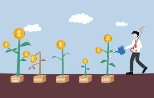 Investment risk diversification, wealth protection, having money or asset enough to survive during economic recession or financial crisis concept. Businessman growing various money coin plants. vector