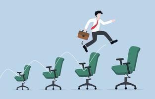 Getting fast promotion, career growth, reach  higher position in short time, quick self development concept. Skillful businessman jumping from small to larger chair metaphor of growing up in work. vector