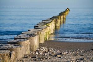 Groynes protruding into the horizon in the Baltic Sea. Long exposure with muted colors. photo