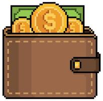 billetera de pixel art con billetes y monedas. billetera con icono de vector de dólares para juego de 8 bits sobre fondo blanco
