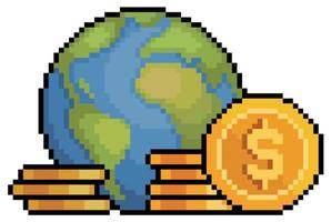 pixel art planeta tierra con monedas. icono de vector de dinero en el mundo para juego de 8 bits sobre fondo blanco