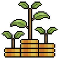 Pixel art plants over gold coins. Investment and profit growth vector icon for 8bit game on white background