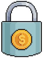 Pixel art padlock with coin. Safe investment. invest safely vector icon for 8bit game on white background