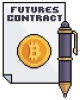 Pixel art bitcoin futures contract. Paper and pen vector icon for 8bit game on white background