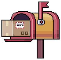 buzón rojo de pixel art con paquete en caja de cartón icono vectorial para juego de 8 bits sobre fondo blanco vector