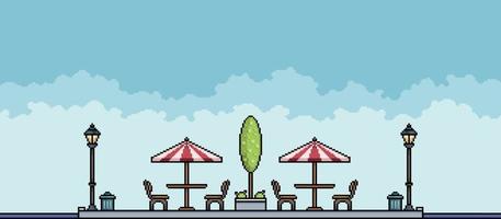 Pixel park with trees, poles and feeding tables Urban landscape. Cityscape background for 8bit game