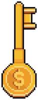 clave de dinero de pixel art. llave con moneda. icono de vector de inversión segura para juego de 8 bits sobre fondo blanco