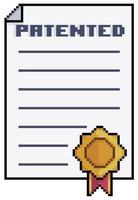 Pixel art patented document. Sheet of paper with stamp vector icon for 8bit game on white background