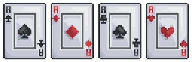 Pixel art playing card, spades, hearts, gold, sticks vector icon for 8bit game on white background