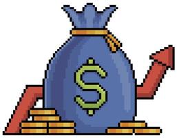 Pixel art money bag with coins and graphic vector icon for 8bit game on white background