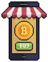 Pixel art buy bitcoin by mobile. Cell phone with awning vector icon for 8bit game on white background