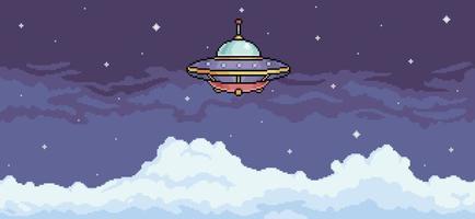 OVNI de pixel art en el cielo nublado. nave espacial alienígena volando en el cielo nocturno. fondo vectorial de 8 bits vector