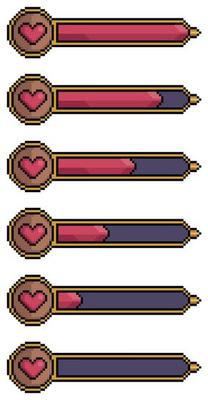 Pixel art life bar. Progressive health bar vector icon for 8bit game on white background