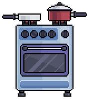 Pixel art stove with pans. Home furniture vector icon for 8bit game on white background