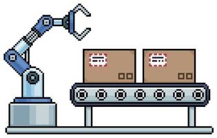 Pixel art industrial robot with conveyor belt and boxes. Production line vector icon for 8bit game on white background