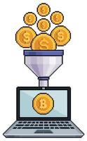 Pixel art laptop with bitcoin buy funnel vector icon for 8bit game on white background