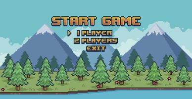 Pixel art forest game menu. Pine forest scene with lake and mountains 8 bit vector background