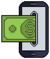 teléfono móvil de pixel art con billete, billete de dinero. icono de vector de pago móvil para juego de 8 bits sobre fondo blanco