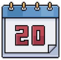 Pixel art calendar with date 20. Day 20. Holiday day 20 vector icon for 8bit game on white background