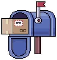 Pixel art blue mailbox with parcel in cardboard box vector icon for 8bit game on white background