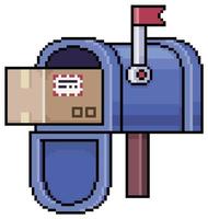 buzón azul de pixel art con paquete en caja de cartón icono vectorial para juego de 8 bits sobre fondo blanco vector