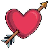 corazón de arte de píxeles con la flecha de Cupido para el icono vectorial del día de San Valentín para un juego de 8 bits sobre fondo blanco vector