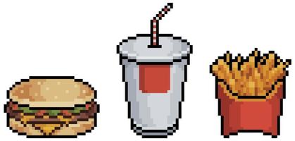 Pixel art hamburger, potato and soda. Fast food vector icon for 8bit game on white background
