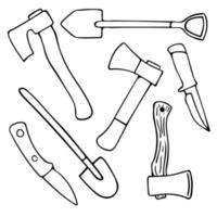 Hand drawn set with doodle axes, shovels and knives. Garden instruments. Vector camping tool set. Outline.