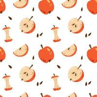 lindo vector de patrones sin fisuras con manzanas rojas. manzana entera, media manzana, rodaja y corazón de manzana. patrón de manzana